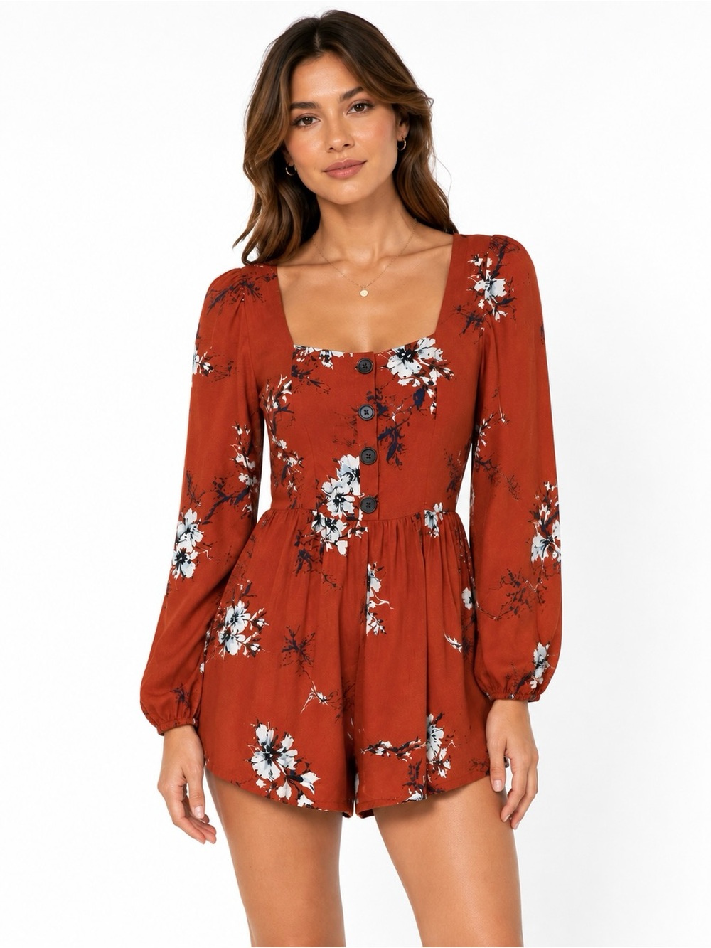 Urban Outfitters Rust Floral Long-Sleeve Romper XS Orange